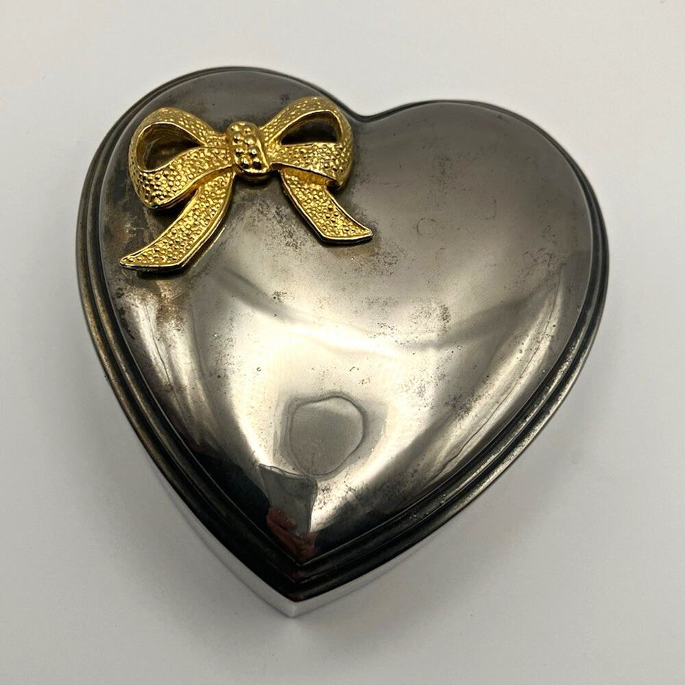 Heart-Shaped Silver Tone Metal Trinket Box with Gold Tone Bow Accent